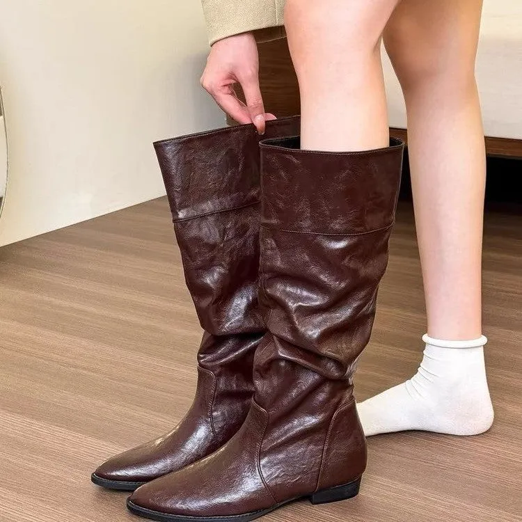 Women's retro square heel knee high boots in beige with pointed toe and hidden height increase