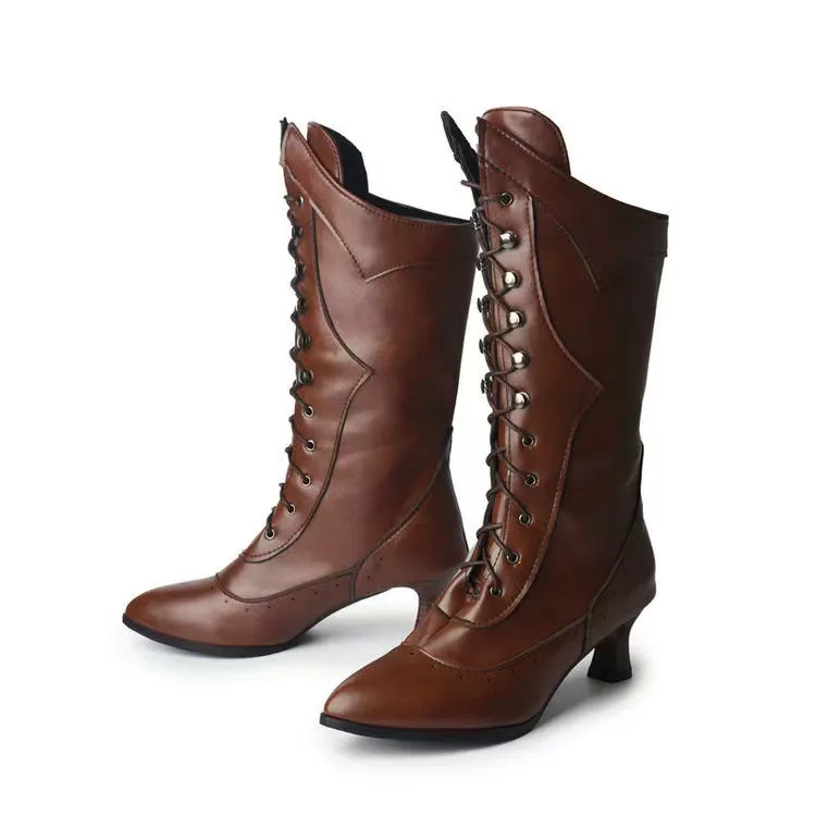 Lace-up Martin boots wine cup heel round toe large size women's boots black coffee white