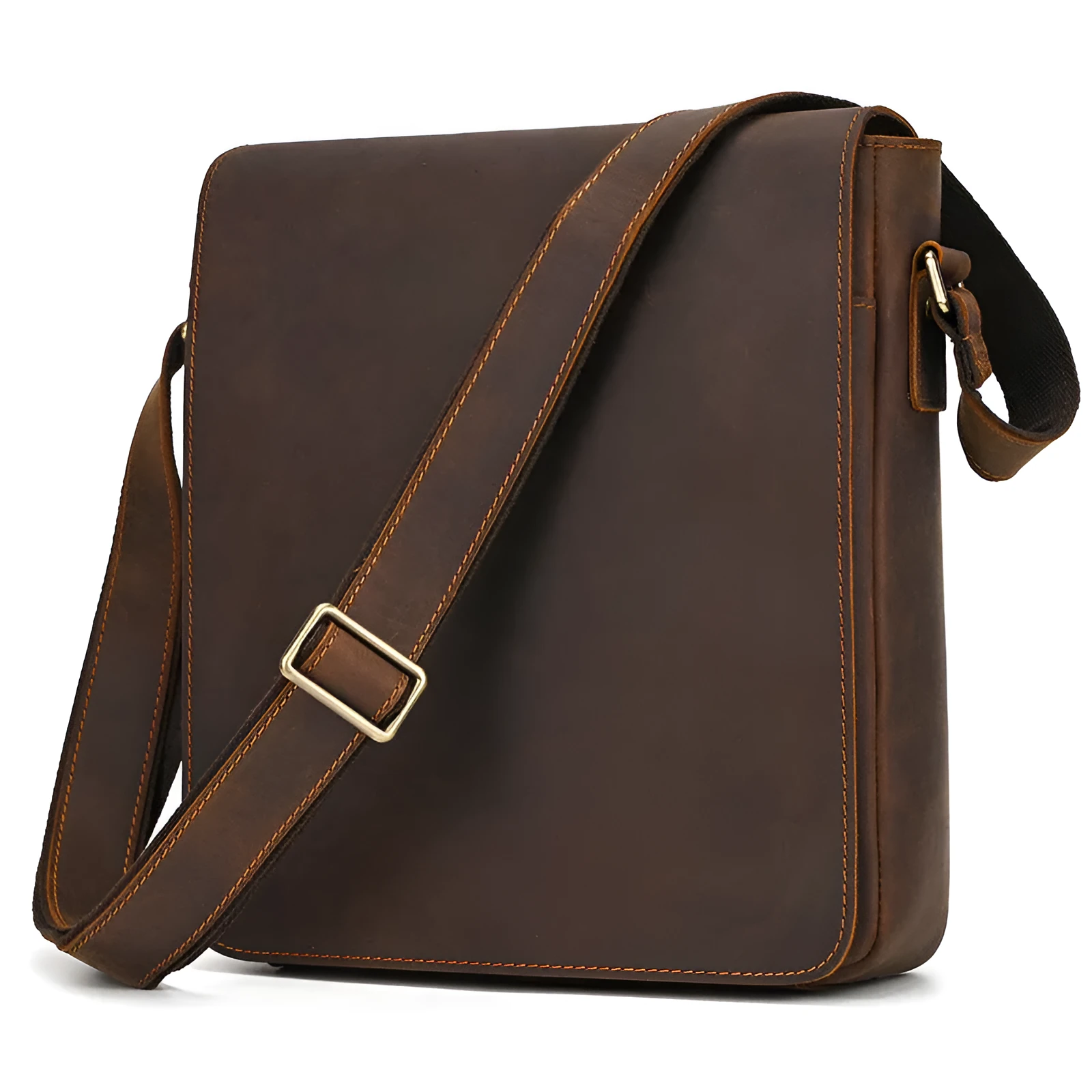 Men's brown leather shoulder bag with flip shoulder strap showing sewing line details and retro design