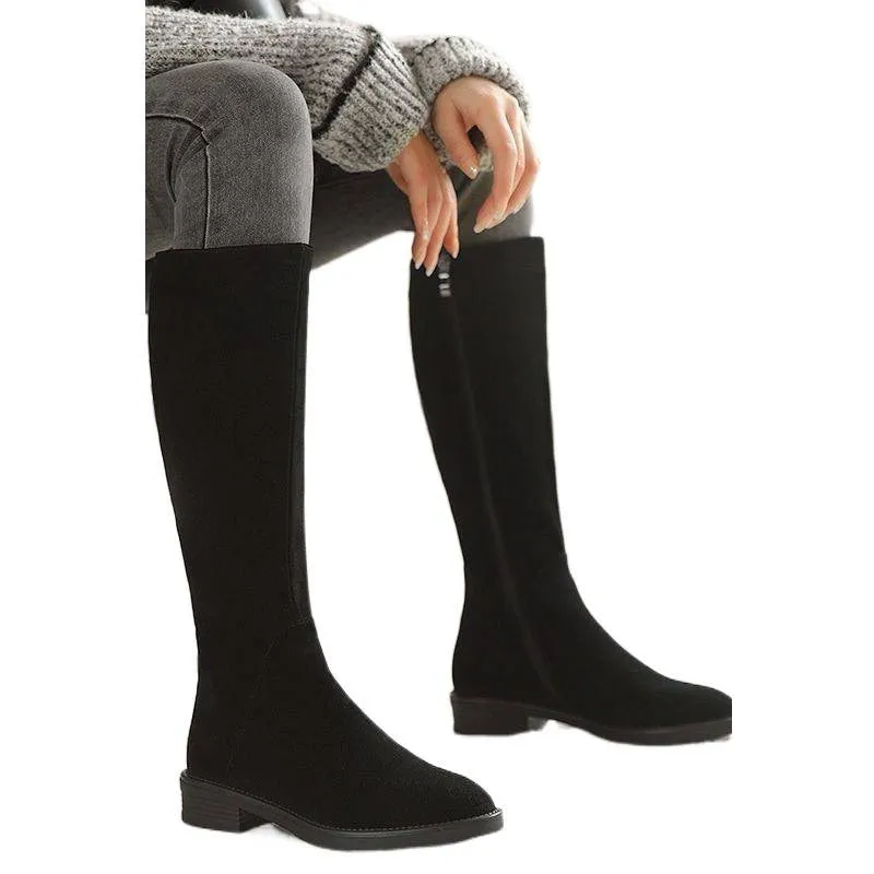 Women's solid colour frost-finished sheepskin Martin boots flat heel front lace-up round toe black with velvet