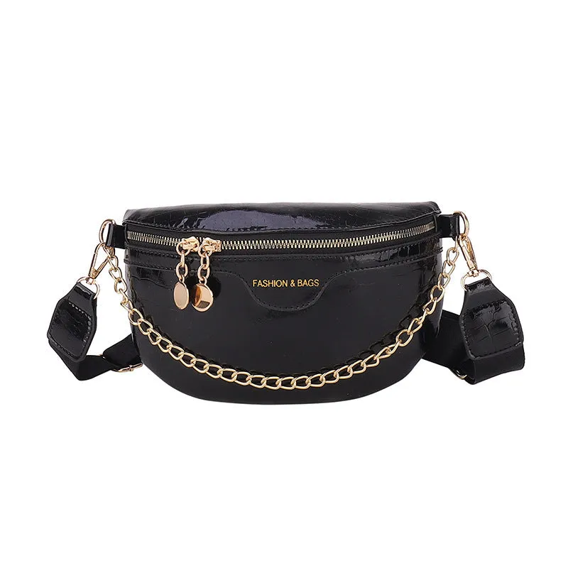 Shiny PU chest bag with chain shoulder strap available in silver colour