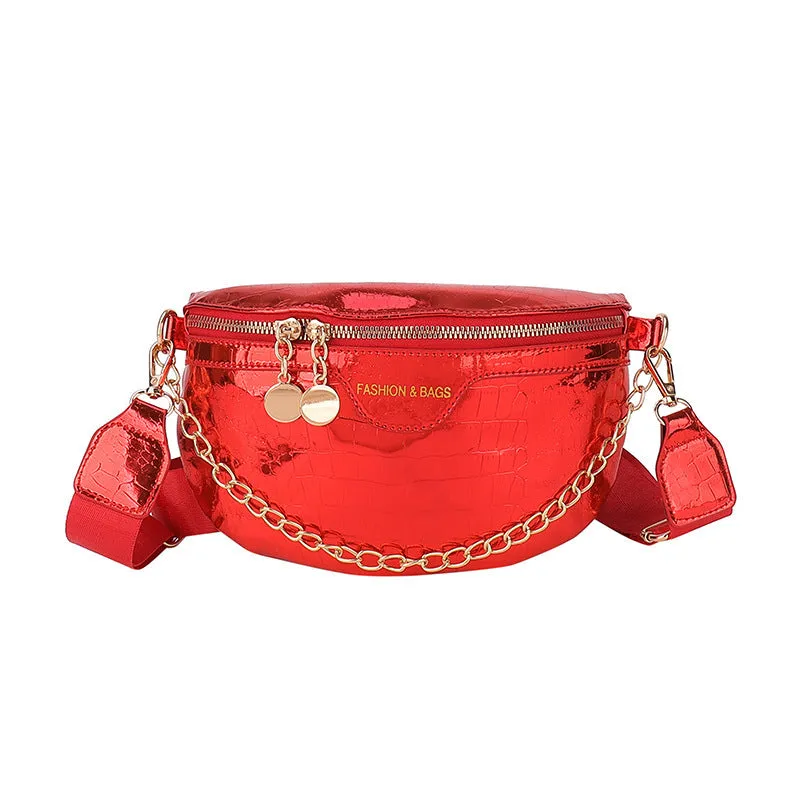 Shiny PU chest bag with chain shoulder strap available in silver colour