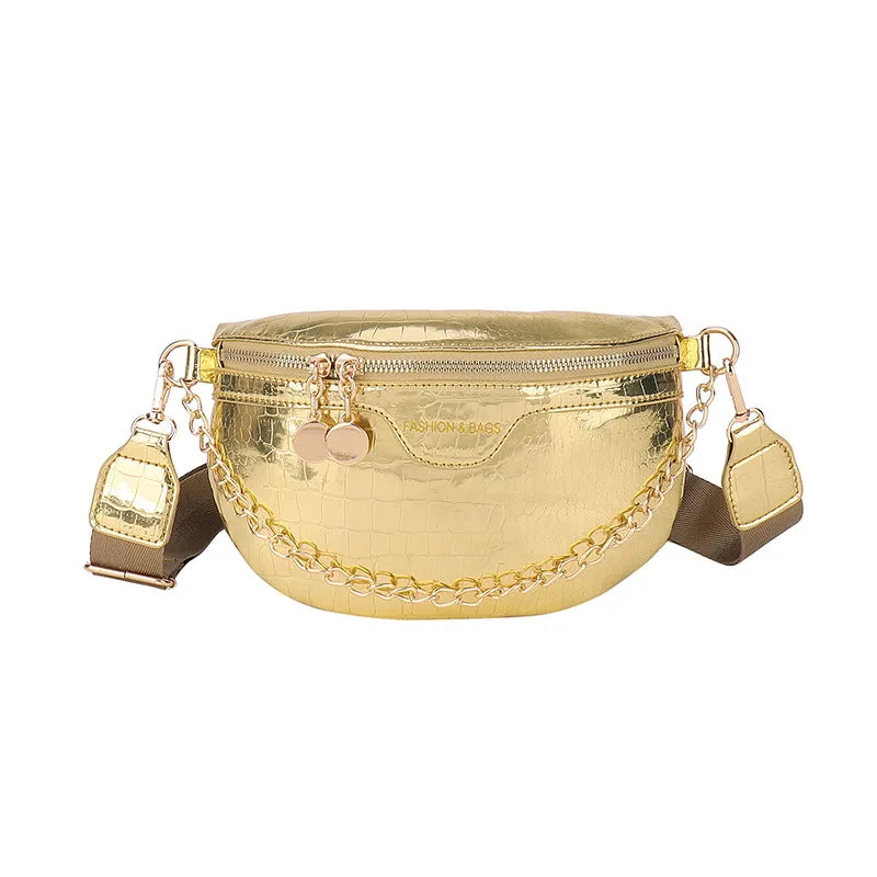 Shiny PU chest bag with chain shoulder strap available in silver colour