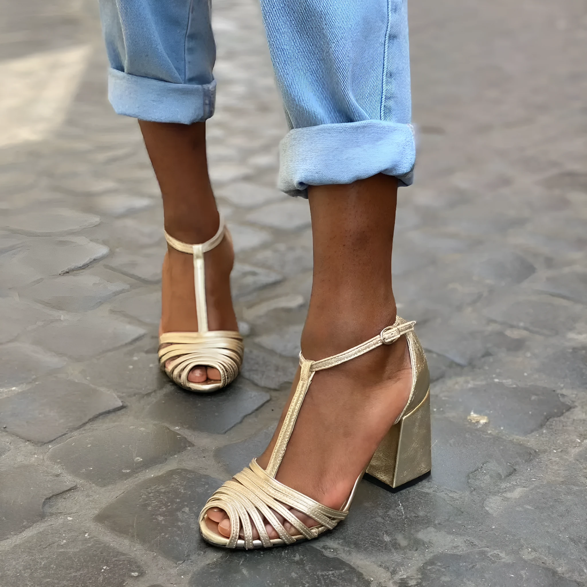 Gold high heel fish mouth open toe buckle strap sandals for women