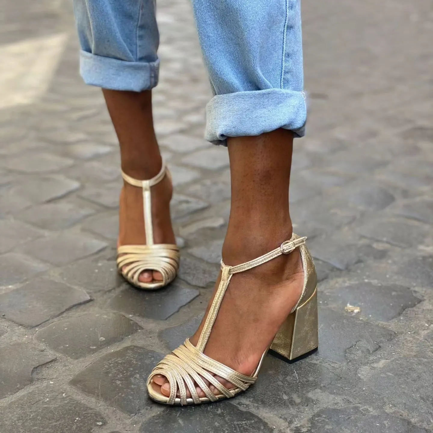 Gold high heel fish mouth open toe buckle strap sandals for women