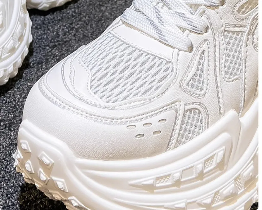 White women's lace-up dad sneakers with round toe and height increasing insoles