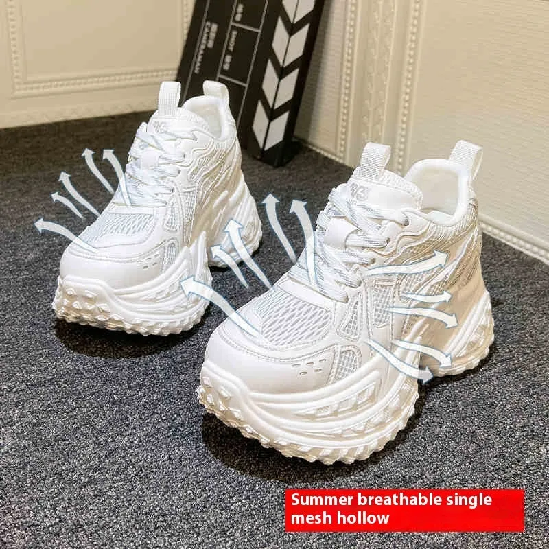 White women's lace-up dad sneakers with round toe and height increasing insoles