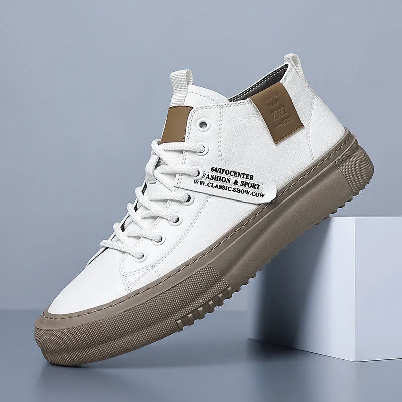 Men's sports casual leather white shoes with round toe, front lace-up, and rubber sole, mid-top design