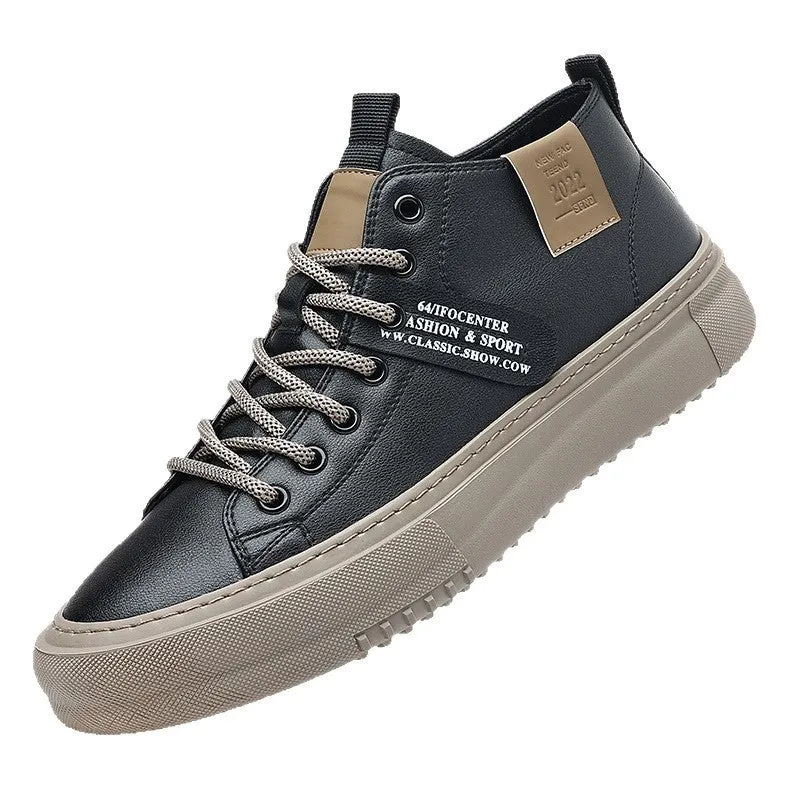 Men's sports casual leather white shoes with round toe, front lace-up, and rubber sole, mid-top design