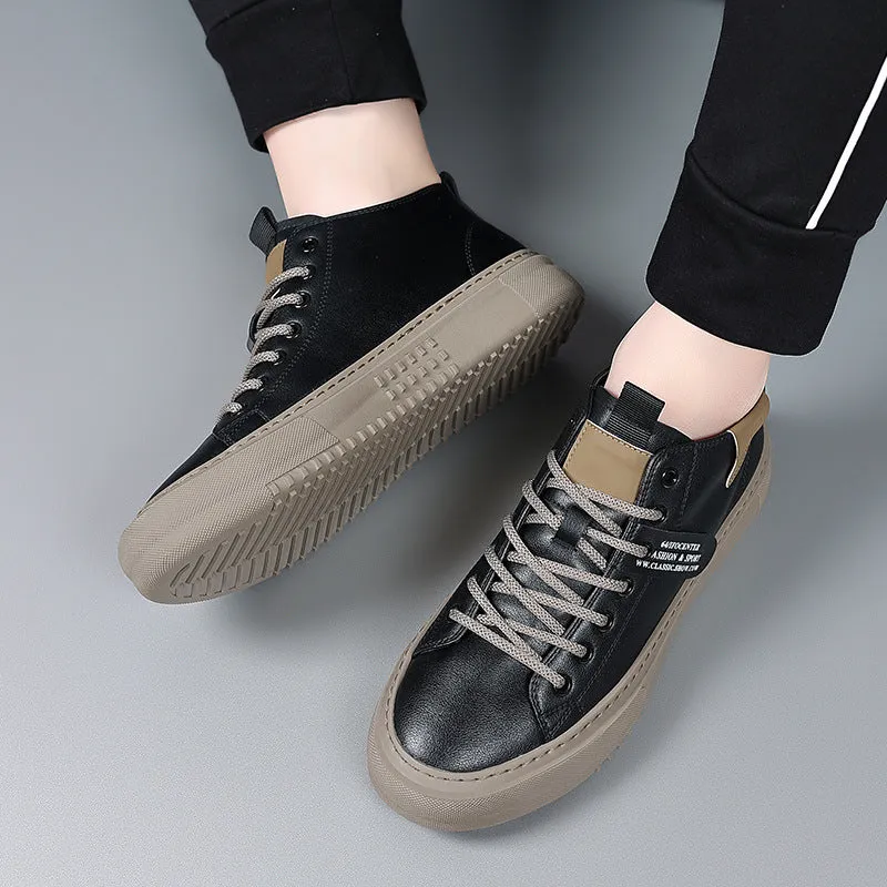 Men's sports casual leather white shoes with round toe, front lace-up, and rubber sole, mid-top design