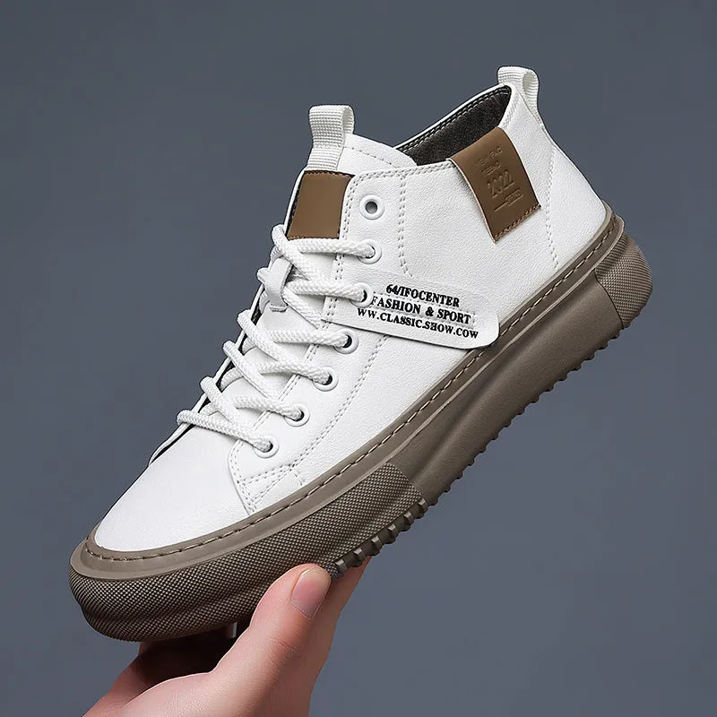 Men's sports casual leather white shoes with round toe, front lace-up, and rubber sole, mid-top design