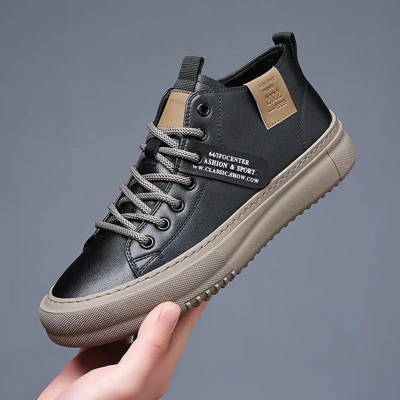 Men's sports casual leather white shoes with round toe, front lace-up, and rubber sole, mid-top design