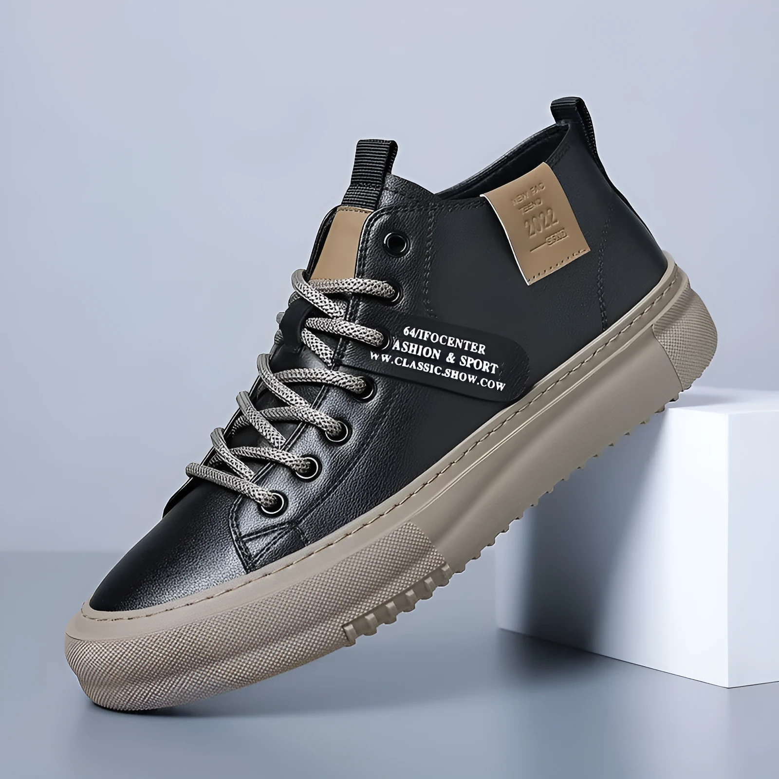 Men's sports casual leather white shoes with round toe, front lace-up, and rubber sole, mid-top design