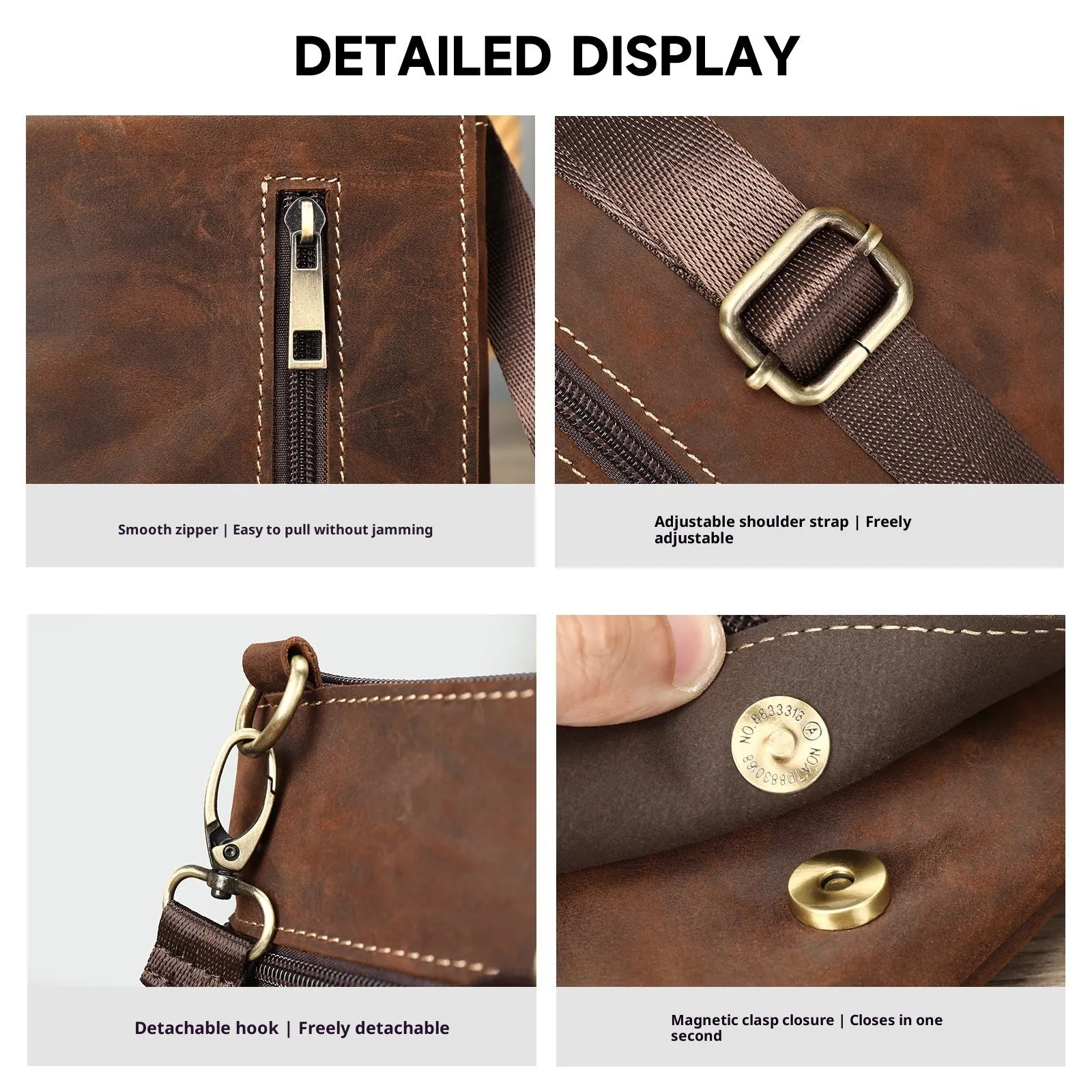 Retro first layer cowhide Crazy Horse leather crossbody bag in coffee colour, compact size for daily use