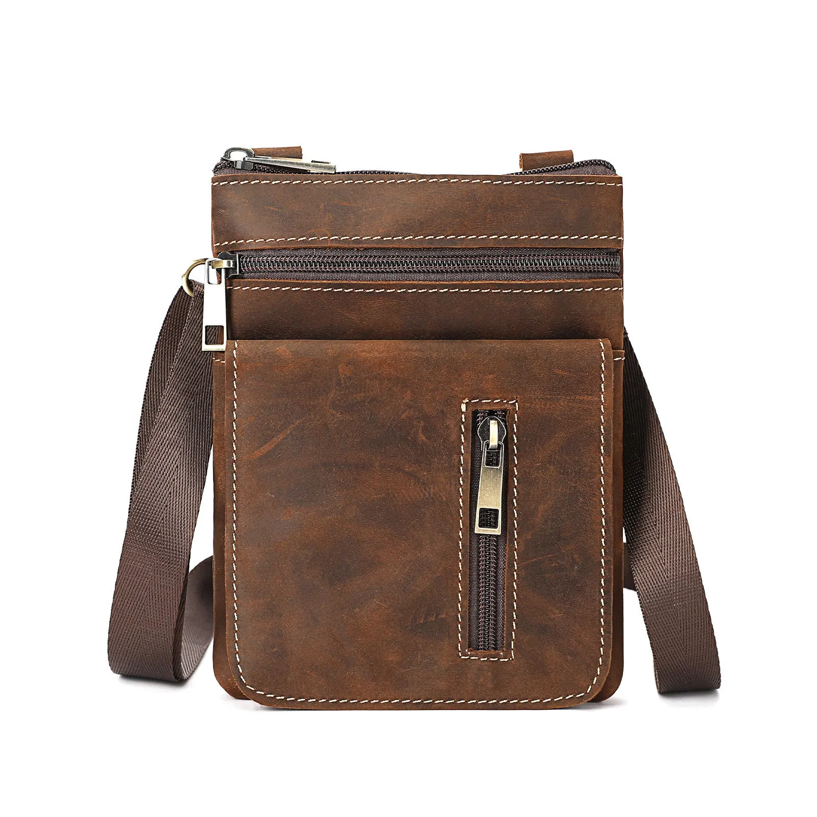 Retro first layer cowhide Crazy Horse leather crossbody bag in coffee colour, compact size for daily use