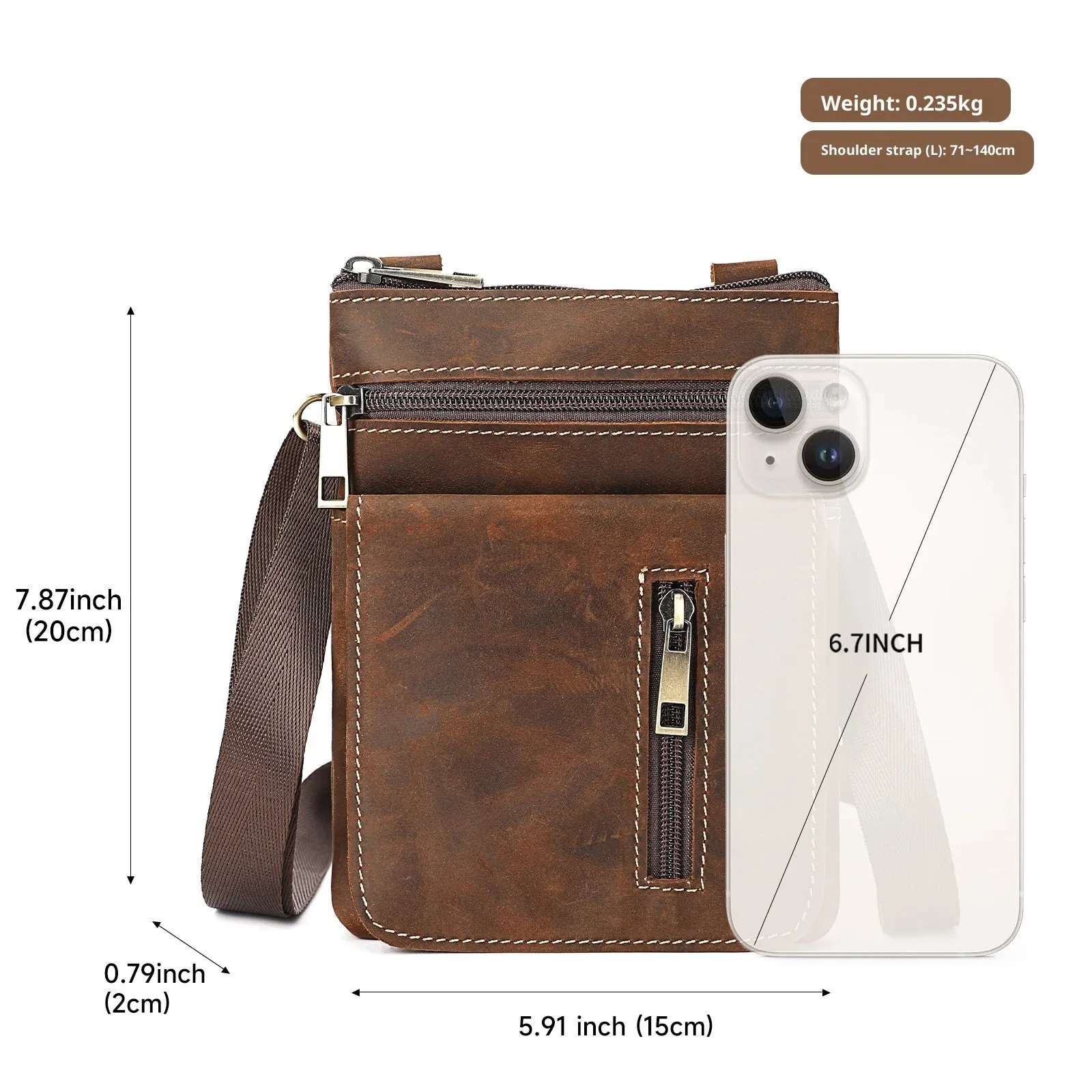 Retro first layer cowhide Crazy Horse leather crossbody bag in coffee colour, compact size for daily use
