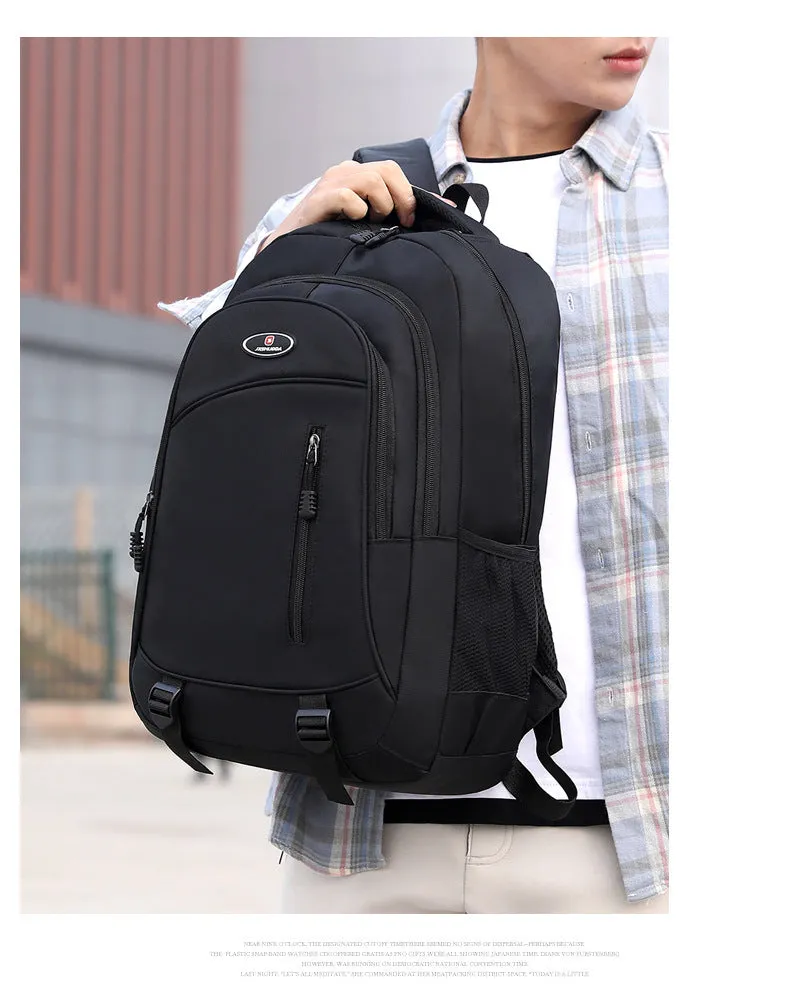 A high school student's nylon backpack with air pillow straps in black, red, blue, or grey colours.