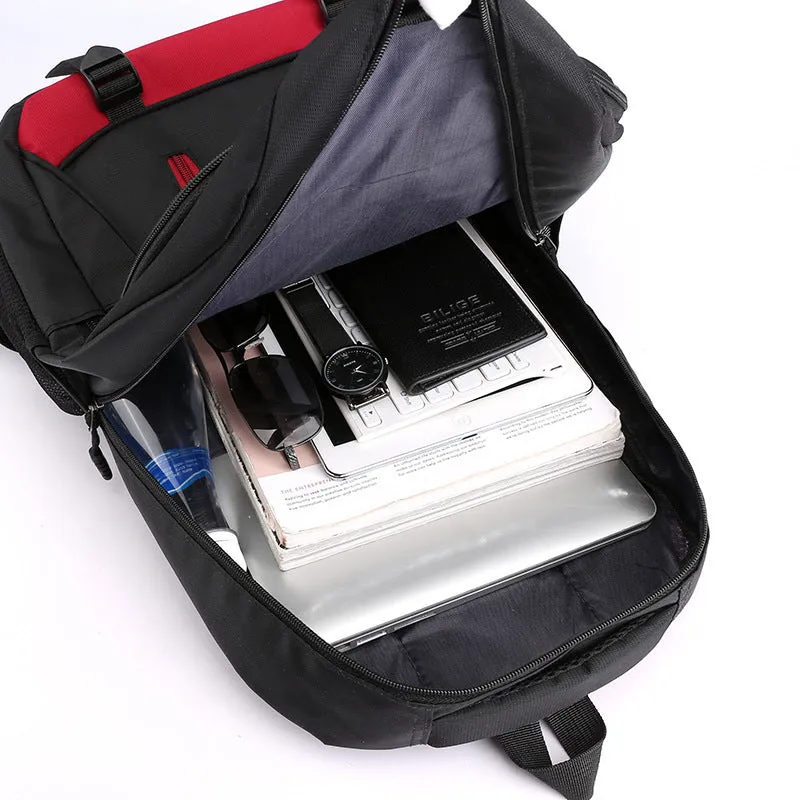 A high school student's nylon backpack with air pillow straps in black, red, blue, or grey colours.