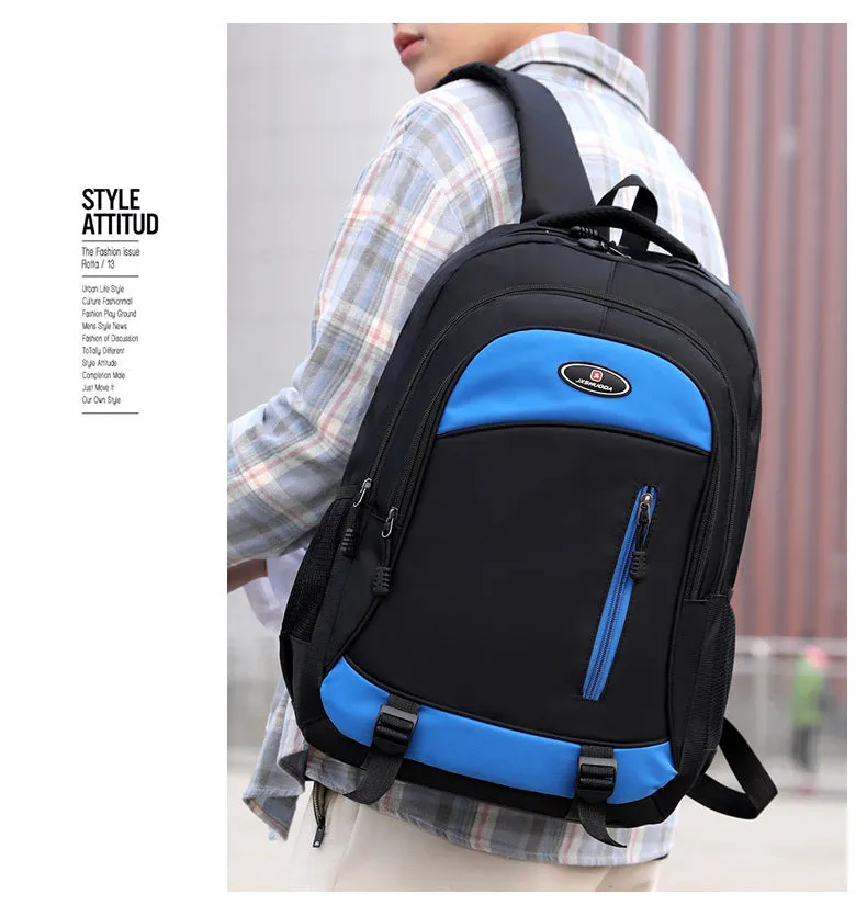 A high school student's nylon backpack with air pillow straps in black, red, blue, or grey colours.