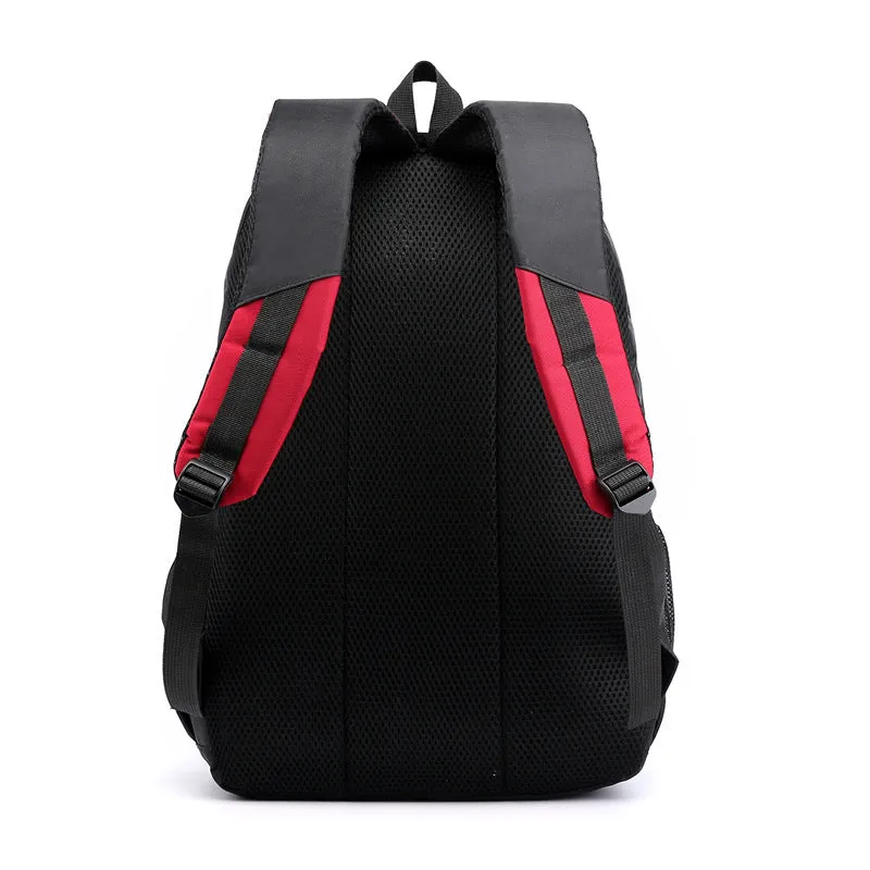 A high school student's nylon backpack with air pillow straps in black, red, blue, or grey colours.