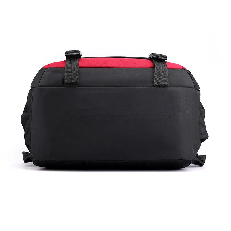 A high school student's nylon backpack with air pillow straps in black, red, blue, or grey colours.
