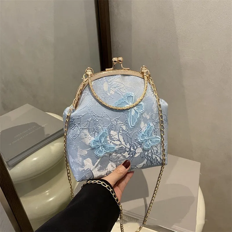 Women's fabric embroidered chain retro messenger bag in bucket shape, soft material, single shoulder strap, colour black