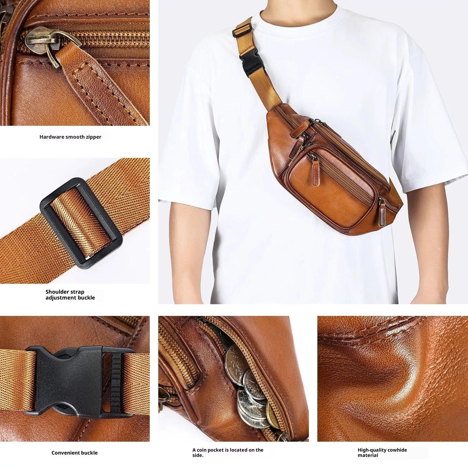 Genuine leather men's chest bag first layer cowhide Brown Coffee retro solid colour messenger bag