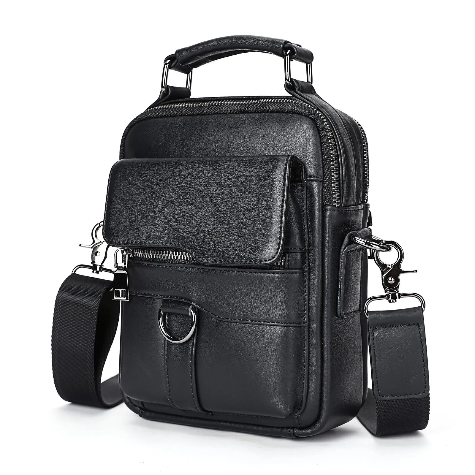 Black genuine first layer cowhide leather messenger bag measuring 19x8x24cm with slung strap