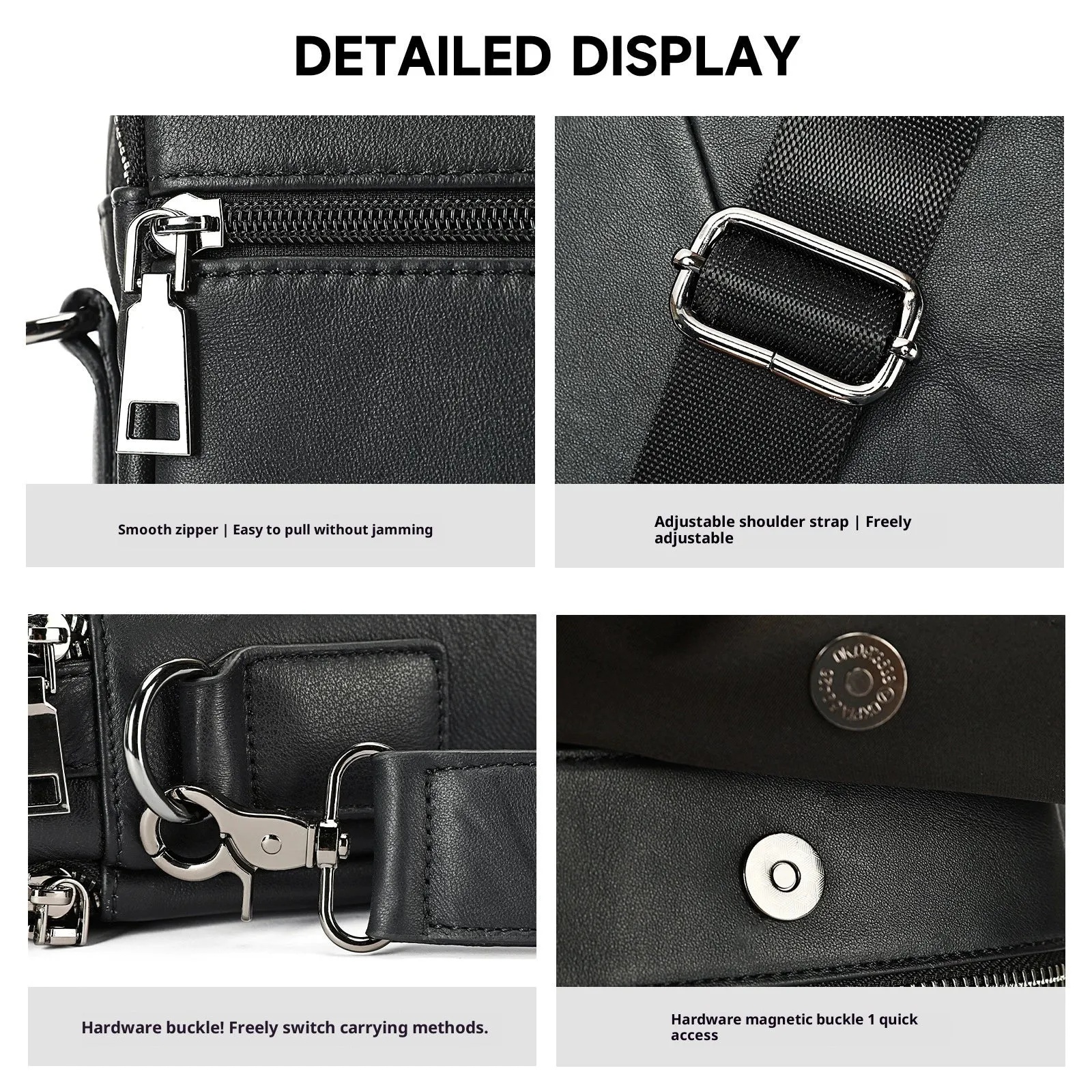 Black genuine first layer cowhide leather messenger bag measuring 19x8x24cm with slung strap
