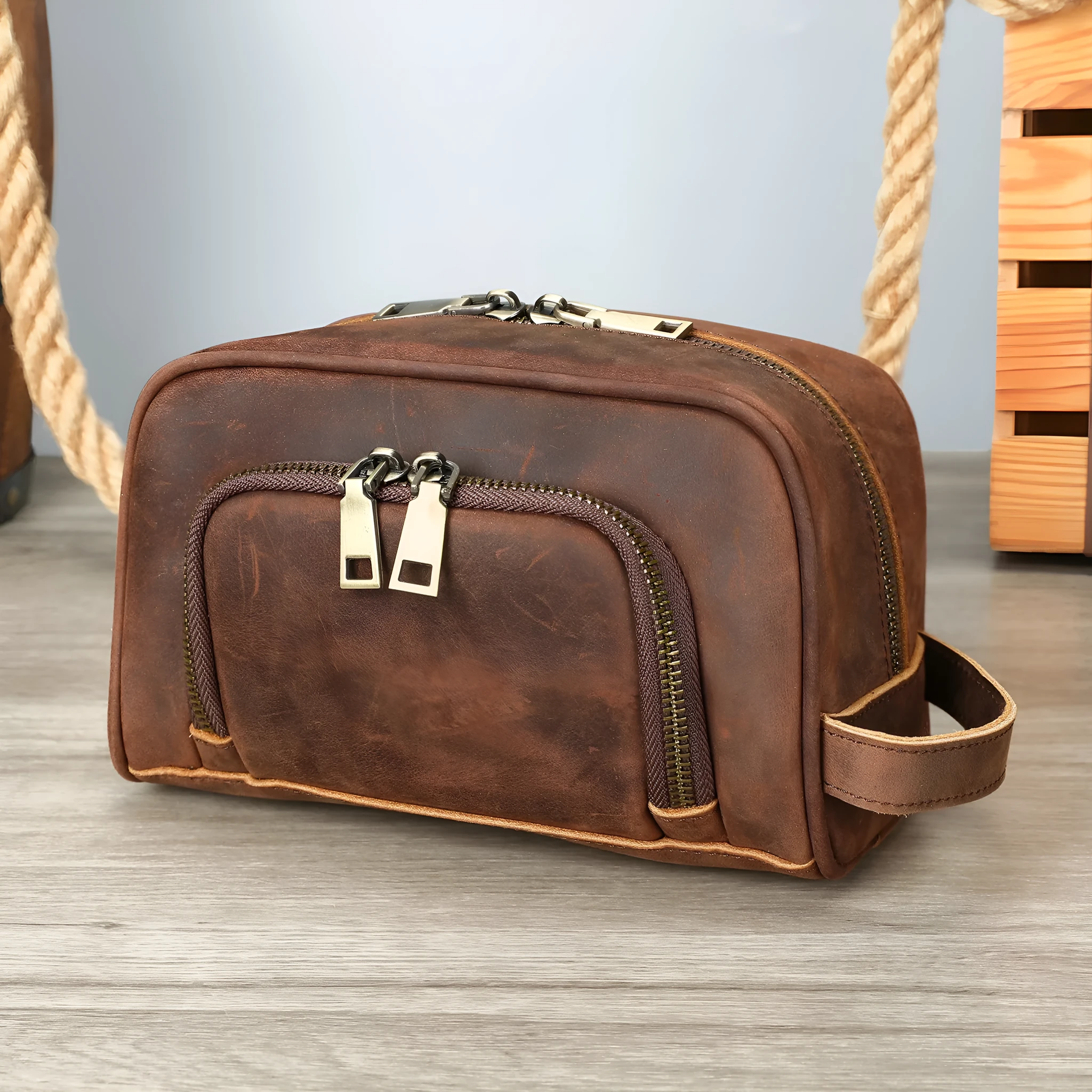 Crazy Horse leather retro neutral multifunctional handbag in coffee colour, 21x10.5x13cm, first layer cowhide