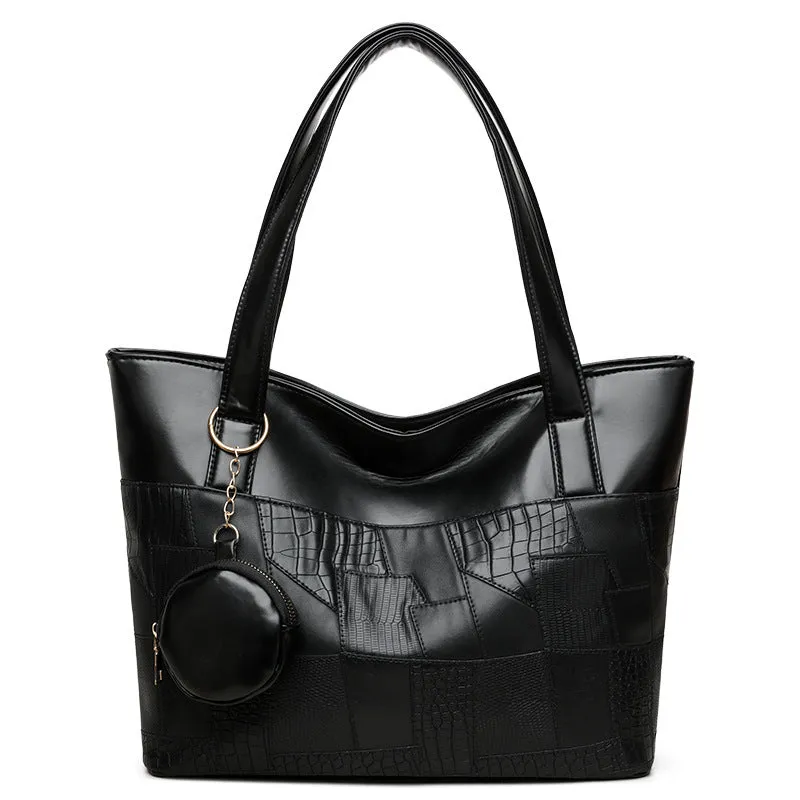 Large capacity soft PU tote bag for women in beige, brown, and black, with double shoulder straps and sewing thread detail.