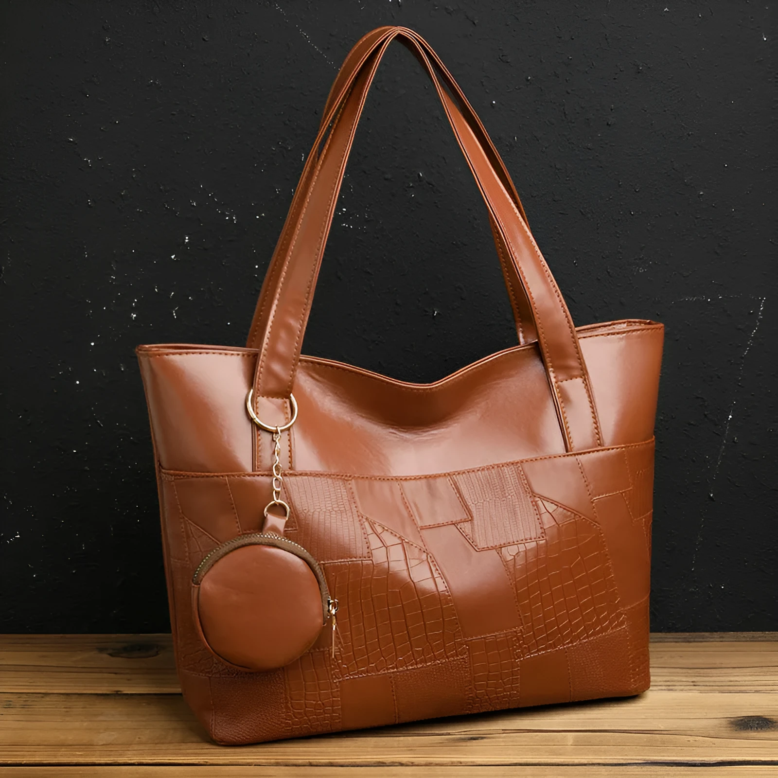 Large capacity soft PU tote bag for women in beige, brown, and black, with double shoulder straps and sewing thread detail.