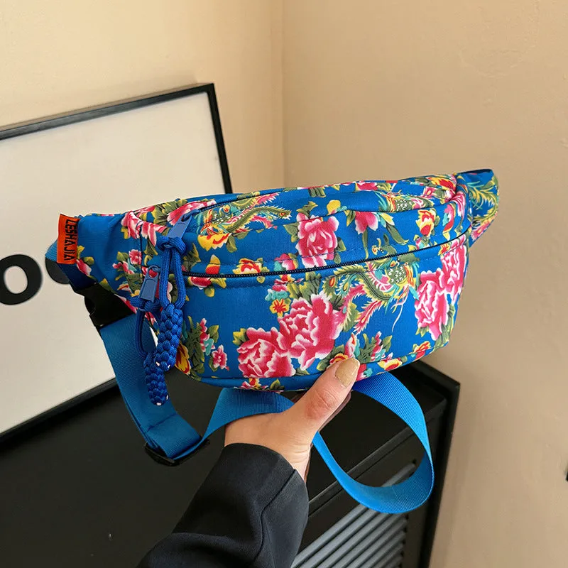 Women's western style waist bag with big flower design and contrast stitching in nylon material