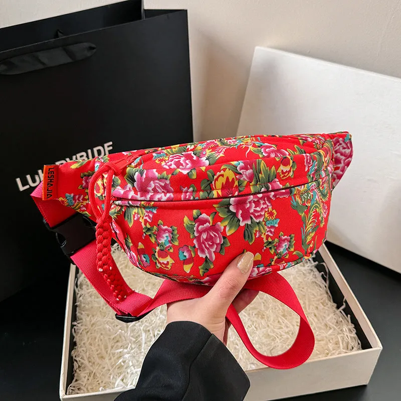 Women's western style waist bag with big flower design and contrast stitching in nylon material