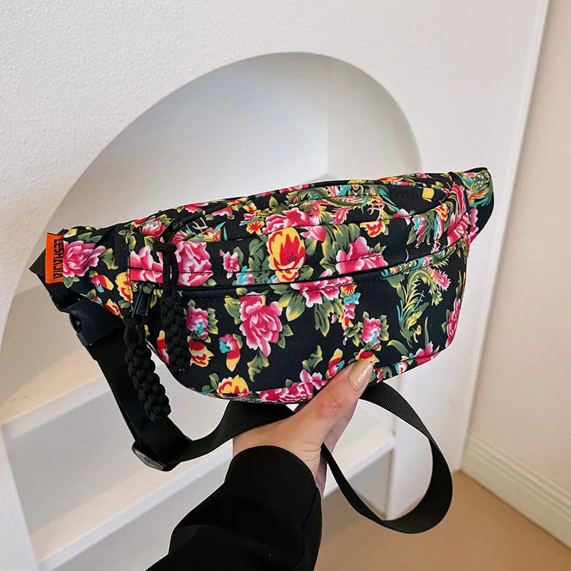 Women's western style waist bag with big flower design and contrast stitching in nylon material