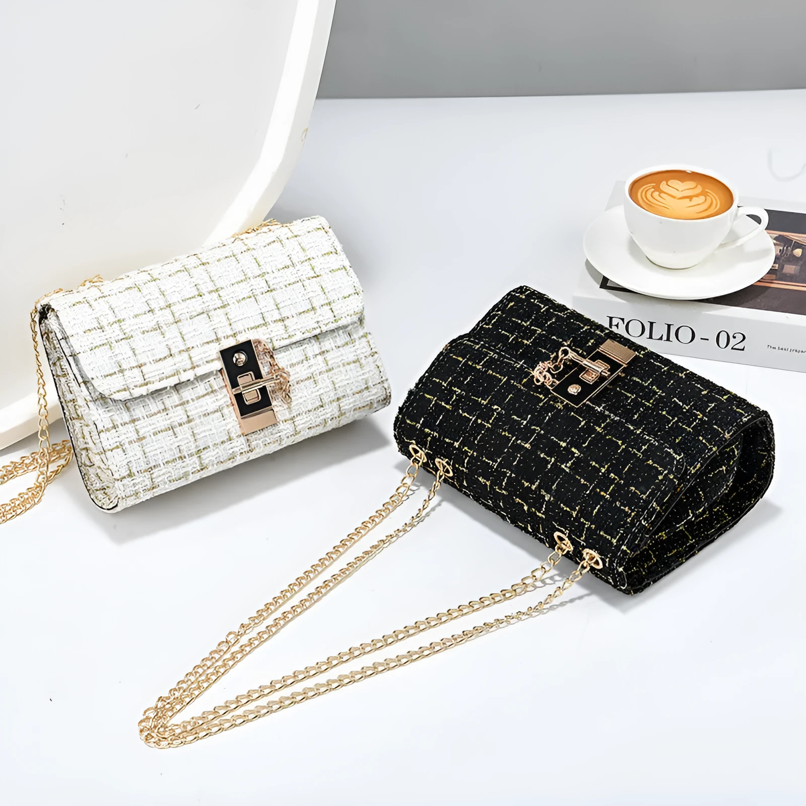 Woolen twist lock shoulder bag with gold silk contrast colour, clamshell design, and chain accent in beige