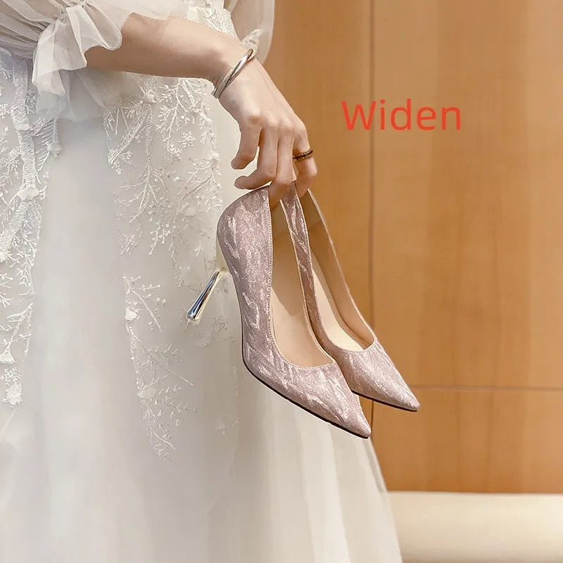Large size high heel stiletto champagne bridal shoes with glitter upper and pointed toe