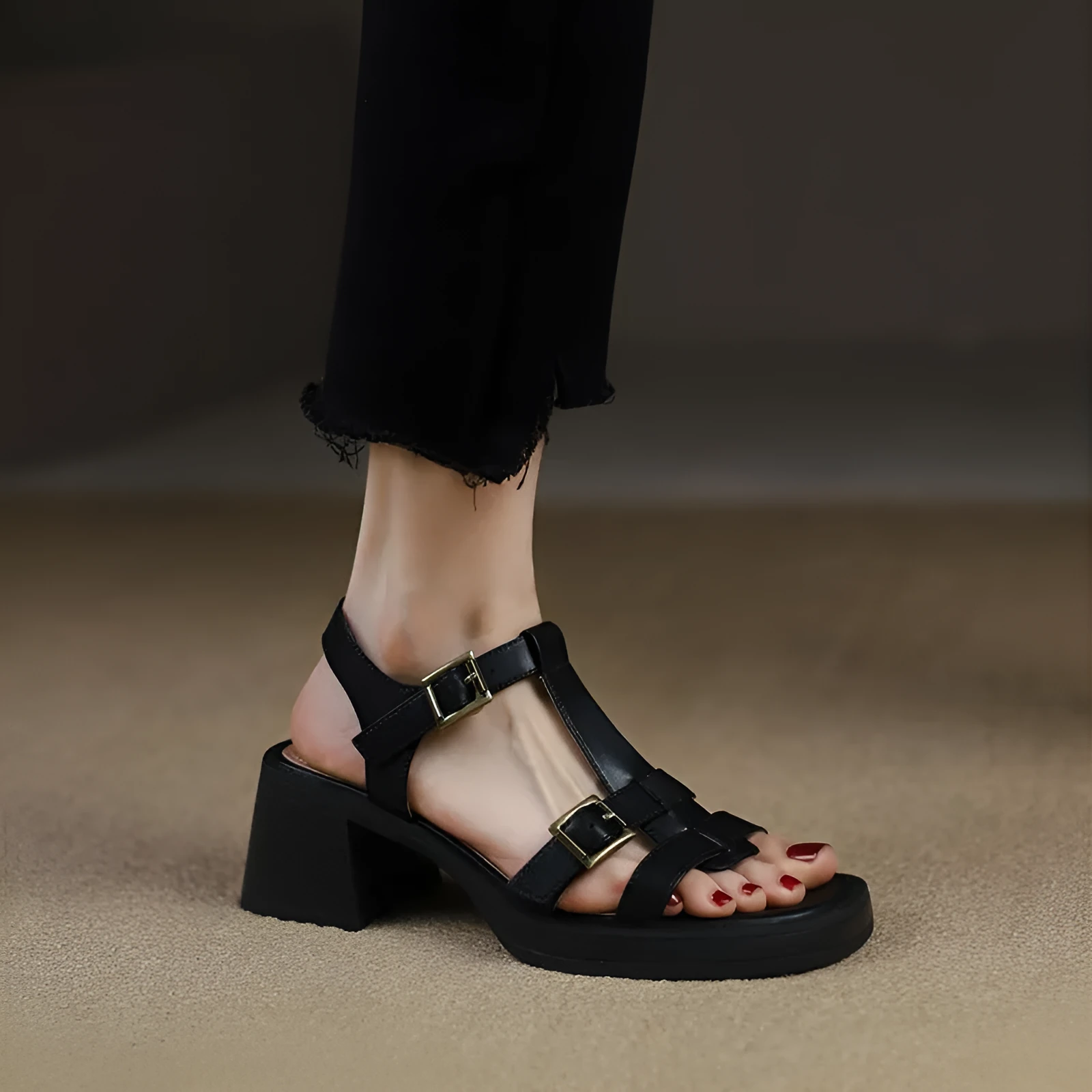 Women's black retro platform sandals with T-buckle fastening and square open toe design