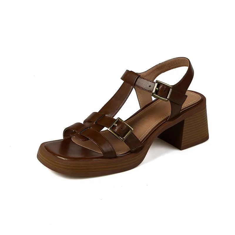 Women's black retro platform sandals with T-buckle fastening and square open toe design