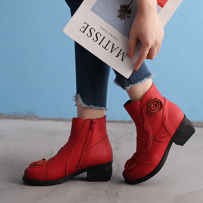 Chunky heel genuine leather Martin boots with flower embossing and stitching in red with velvet lining