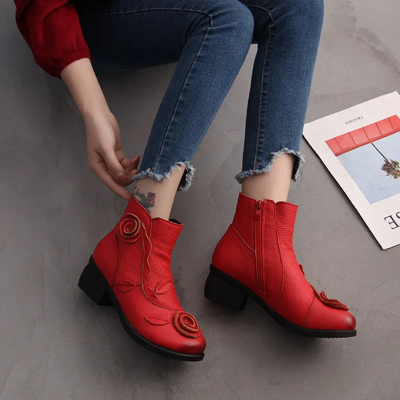 Chunky heel genuine leather Martin boots with flower embossing and stitching in red with velvet lining