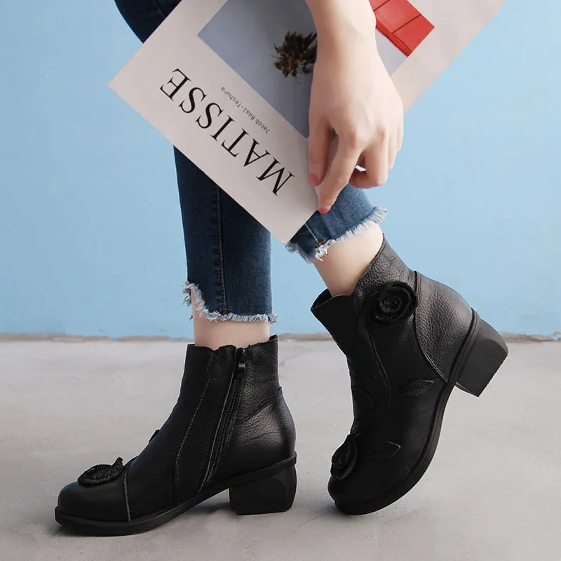 Chunky heel genuine leather Martin boots with flower embossing and stitching in red with velvet lining