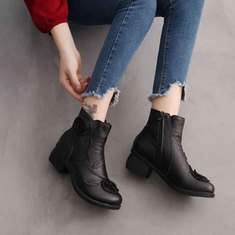 Chunky heel genuine leather Martin boots with flower embossing and stitching in red with velvet lining