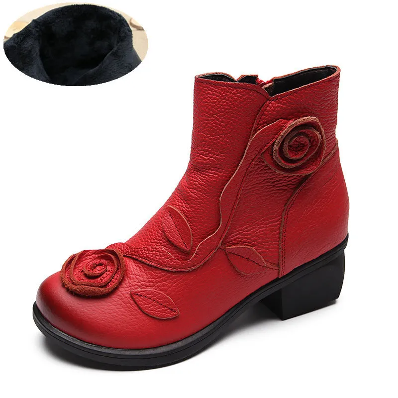 Chunky heel genuine leather Martin boots with flower embossing and stitching in red with velvet lining