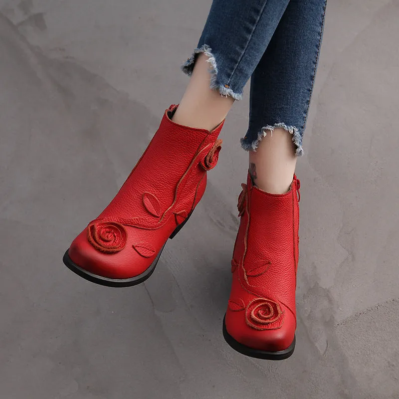 Chunky heel genuine leather Martin boots with flower embossing and stitching in red with velvet lining