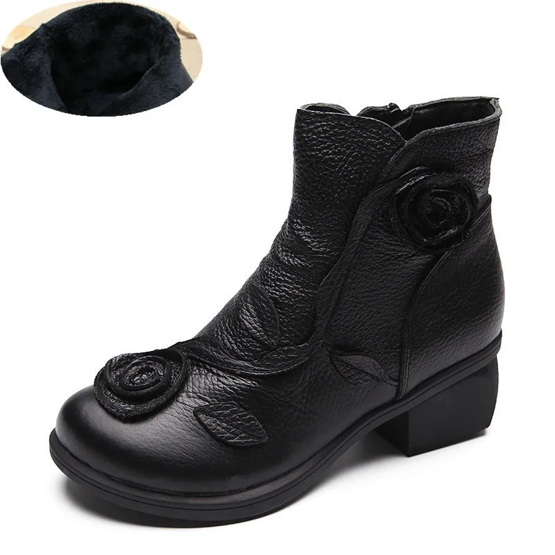 Chunky heel genuine leather Martin boots with flower embossing and stitching in red with velvet lining