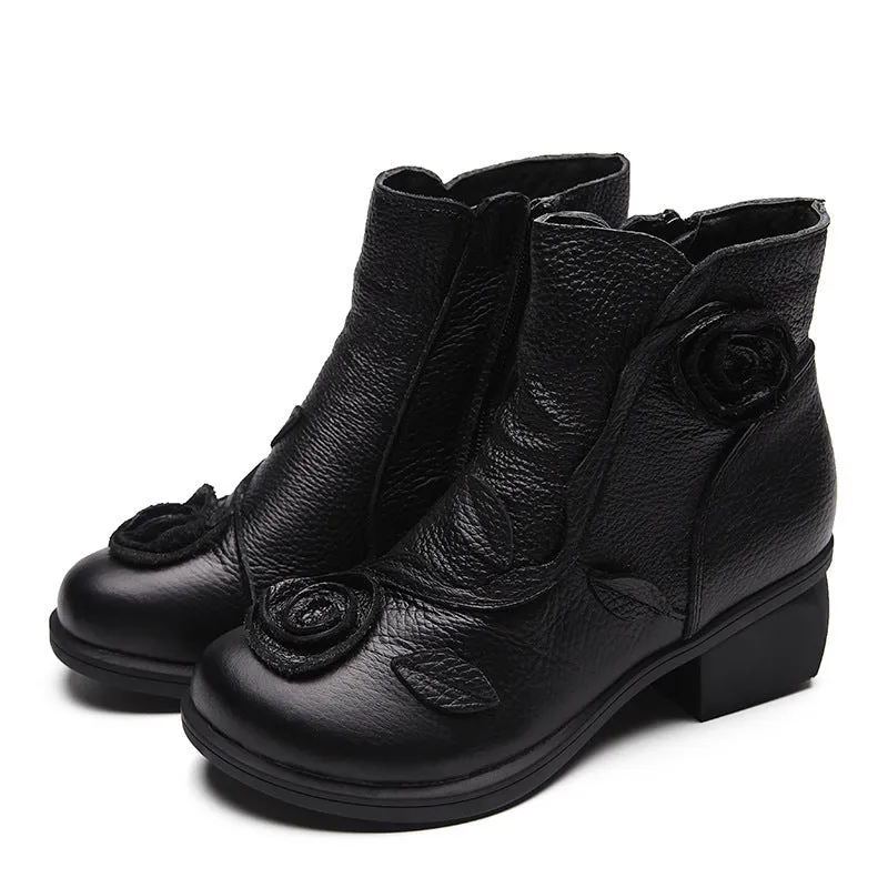 Chunky heel genuine leather Martin boots with flower embossing and stitching in red with velvet lining