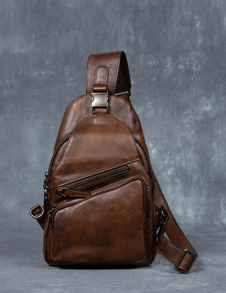 Men's genuine leather chest crossbody messenger bag retro hand-rubbed finish 8-inch black colour