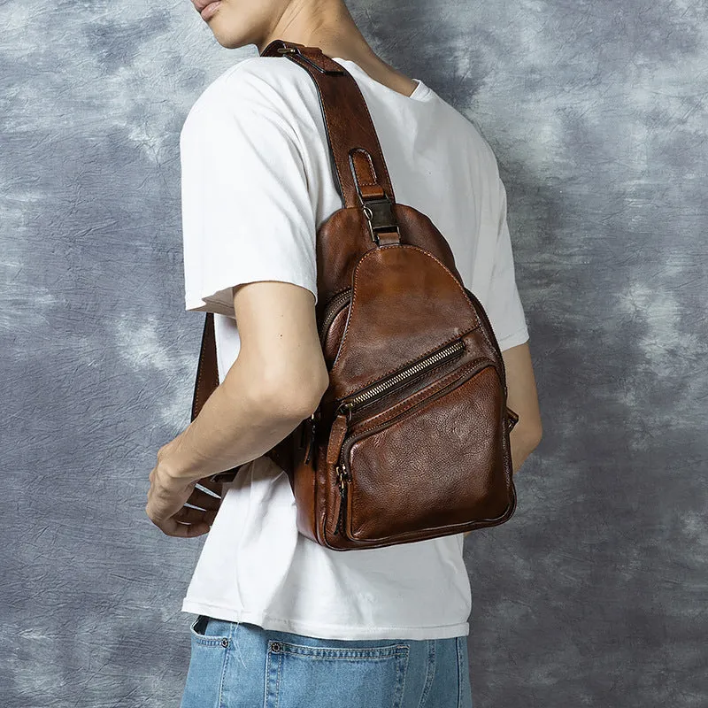 Men's genuine leather chest crossbody messenger bag retro hand-rubbed finish 8-inch black colour