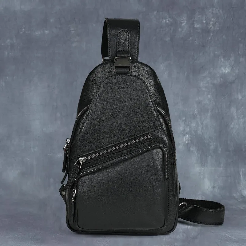 Men's genuine leather chest crossbody messenger bag retro hand-rubbed finish 8-inch black colour